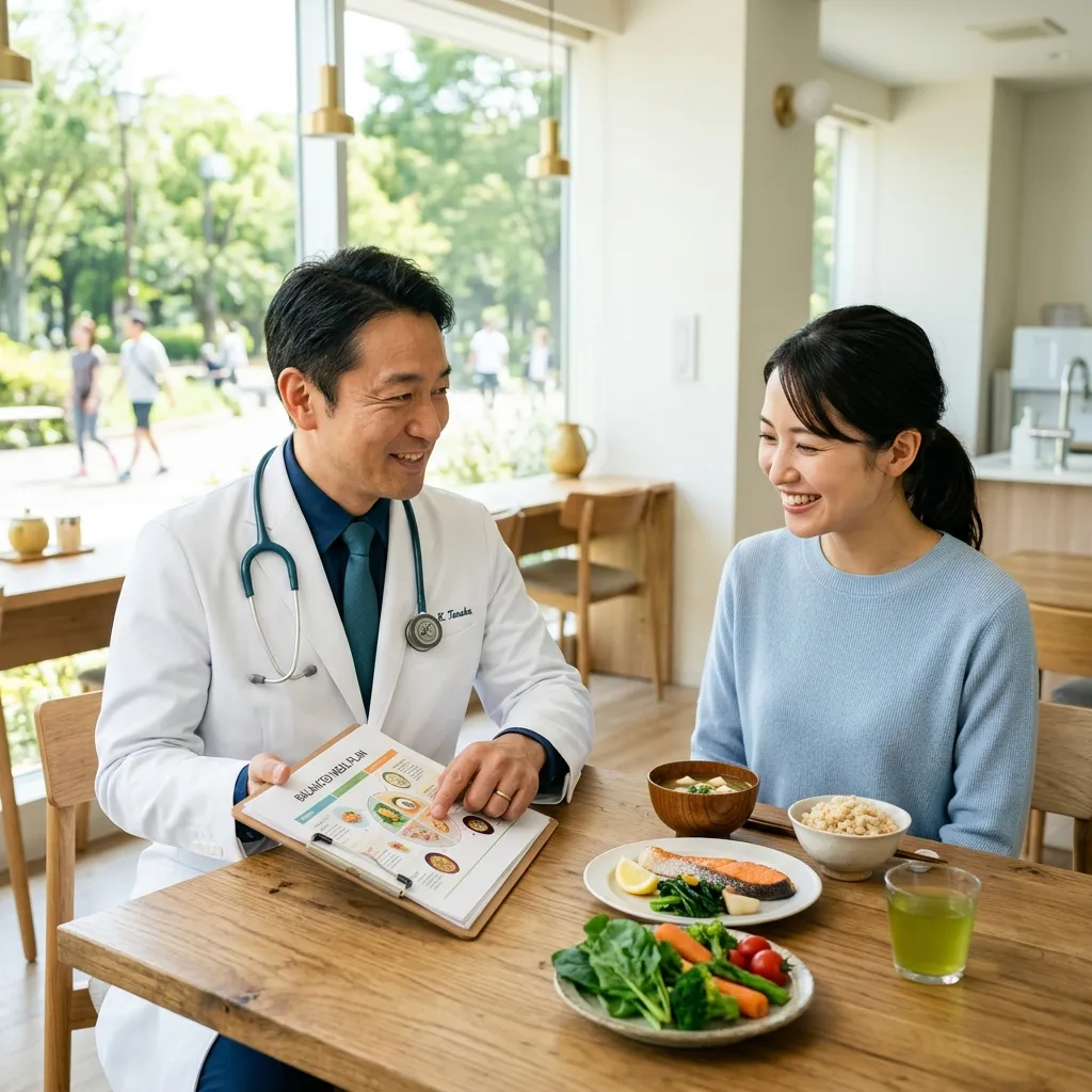 医師が食事の見直しと食後ウォーキングを指導する様子（イメージ）