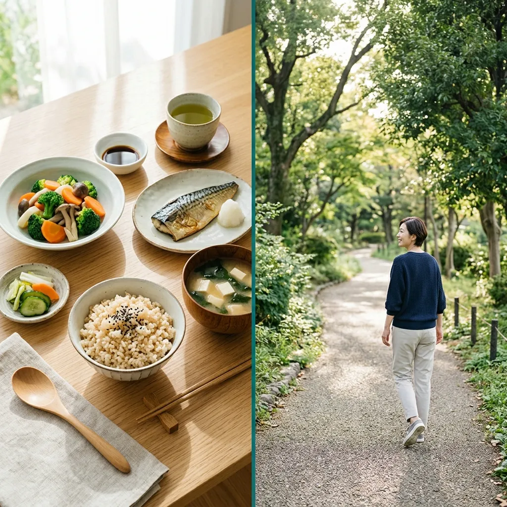 バランスの良い食事と食後のウォーキングのイメージ（健康的な食卓＋屋外散歩）
