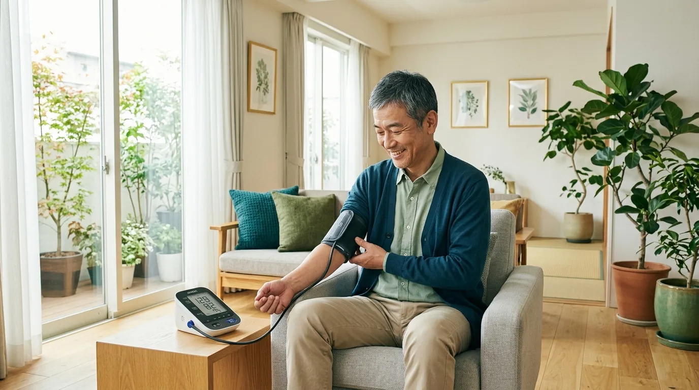 家庭で血圧を測る／穏やかに運動する中高年男性のイメージ（明るい自宅）