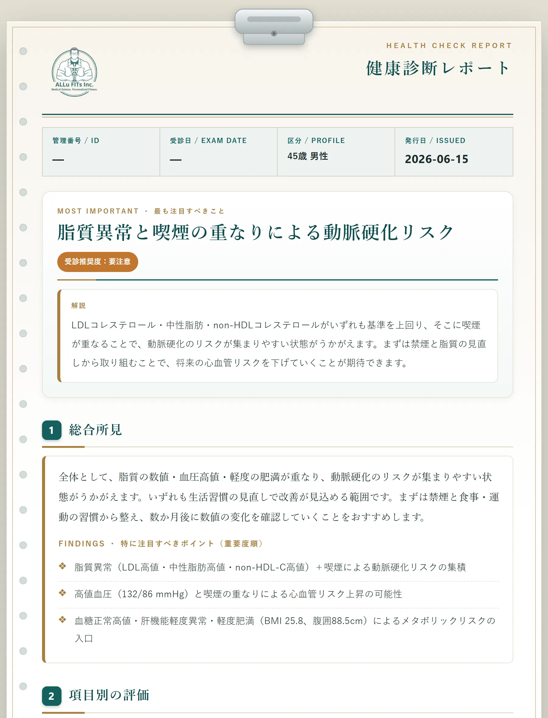 健診分析レポートのサンプル（数値はサンプルです）